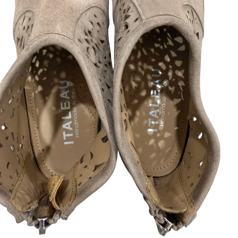 Italeau Taupe Suede Laser Cut‎ Ankle Boots Womens 36 Boho Italian Leather Zip - Picture 4 of 8